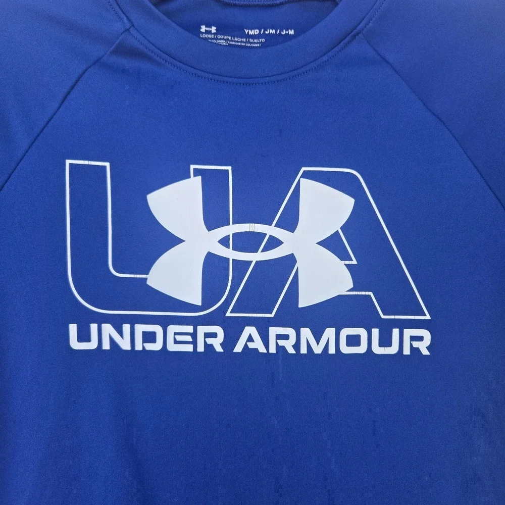 Under Armour Boys Shirt Youth Medium YMD Royal Blue Short‎ Sleeve Big LogoLoose